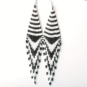 Black White Seed Bead Fringe Earrings Geometric Long Dangle Boho Striped